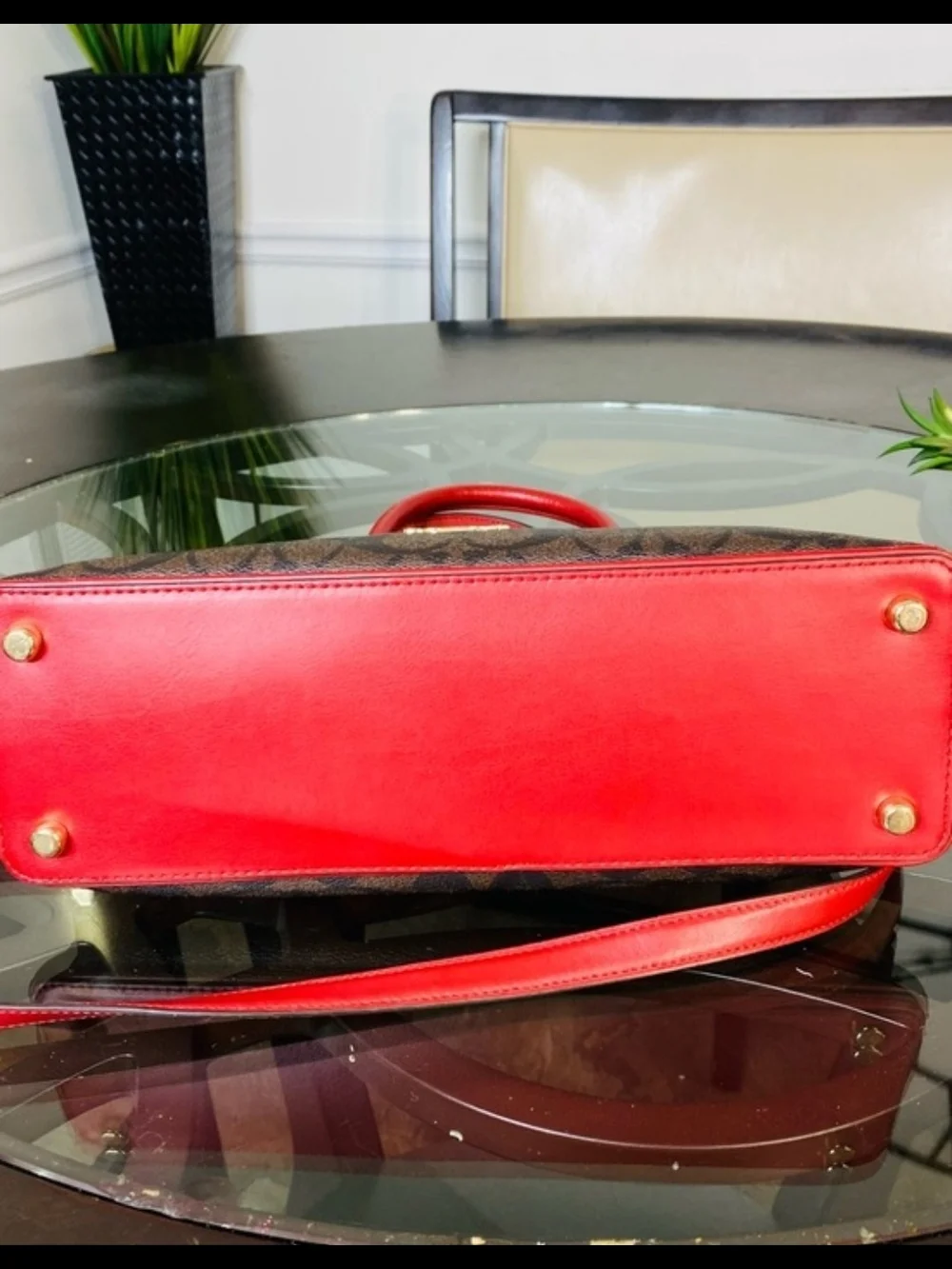 Coach Brown Signature Dome Satchel with Red Trim